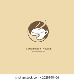 Vector stock logo, abstract sign of cafe, vector template of cafeteria and bistro. Illustration design of silhouette brown logotype coffee. Vector icon cup with drink. 