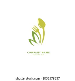 Vector stock logo, abstract sign of food, vector template of fresh meal.  Illustration design of color curve logotype vegan food. Vector icon leaf and fork