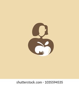 Vector stock logo, abstract sign of food, vector template of fresh meal. Illustration design of silhouette logotype cooking. Vector icon girl with apple
