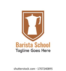 Vector stock logo of a barista school featuring a brown shield with negative space in form of moka pot (a kind of coffee maker)