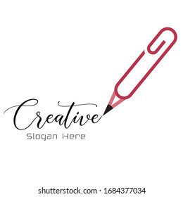 Idea, lápiz y clip de la plantilla del logotipo de material vectorial. Icono de negocio de vectores