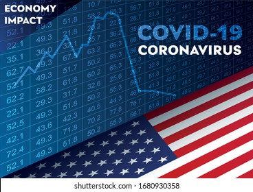 Ilustración del mercado de valores vectorial y bandera estadounidense. Cambios en el mercado de valores debido a una pandemia (coronavirus covid-19). La economía del virus tiene impacto.