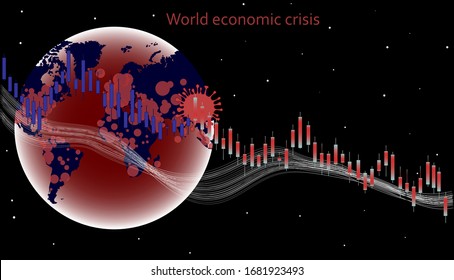 Vector stock market illustration. Changes in the stock market due to a coronavirus pandemic. Forex trading graph in graphical form. World economic crisis. 2019-nCov. Spread of the virus on a world map