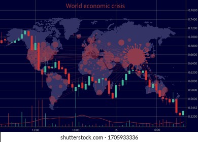 Vector stock market illustration. Economic crisis. Changes in the stock market are caused by a pandemic (coronavirus, nCov). Forex trading graph in graphical form. Financial investments. World map. 