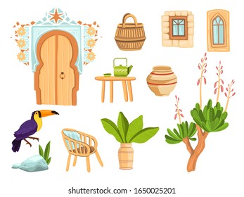Los vectores contienen objetos exteriores e interiores marroquíes en estilo caricatura aislados en blanco. Verano con plantas exóticas, toscanos, puertas y ventanas antiguas, arcilla nacional. Recopilación de elementos de diseño