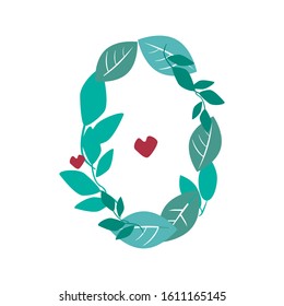 A vector stock number 0 isolated on white background for design. A flat leaves and branches with a heart and a figure zero