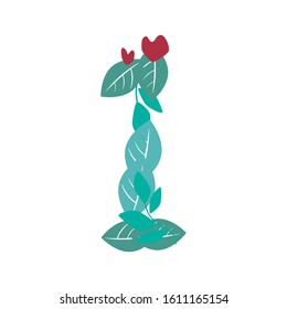 A vector stock number 1 isolated on white background for design. A flat leaves and branches with a heart and a figure one