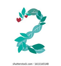 A vector stock number 2 isolated on white background for design. A flat leaves and branches with a heart and a figure two
