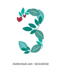 A vector stock number 3 isolated on white background for design. A flat leaves and branches with a heart and a figure three