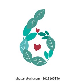 A vector stock number 6 isolated on white background for design. A flat leaves and branches with a heart and a figure six