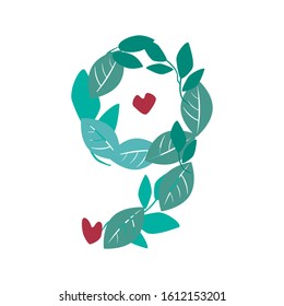 A vector stock number 9 isolated on white background for design. A flat leaves and branches with a heart and a figure nine