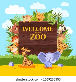 Vector stock pointer “Welcome to the Zoo”. Banner with baby animals on the sand surrounded by the bushes and green leaves. Sky and the clouds on the background. 