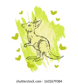 Vector stock poster with baby kangaroo on abstract green background with hearts. Cute Australian animal in engraving sketch style. For prints, emblems, logos, postcards.