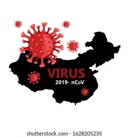 Vector stock poster with black map of China and coronavirus image. Illustration for blog posts, news, articles about 2019-nCoV virus spreading worldwide from Chinese city Wuhan. 