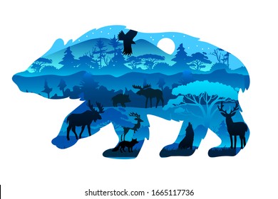 Vector stock poster with grizzly’s outline in trendy blue colors. Nature protection concept with eagle moose, elk, wolf in night coniferous forest isolated on white. Illustration for ads, souvenirs