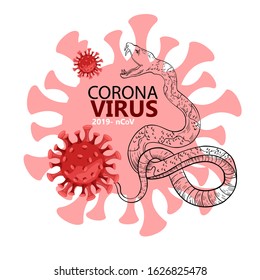 Vector stock poster with snake, coronavirus images and snake with sharp teeth. Illustration for blog posts, news, articles about 2019-nCoV virus spreading worldwide from Chinese city Wuhan