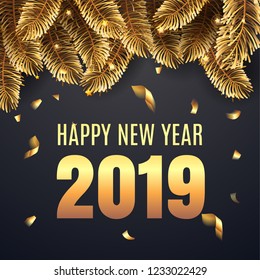 Vector stock premium luxury 2019 Happy New Year background with beautiful golden christmas tree branches , confetti and Christmas elements