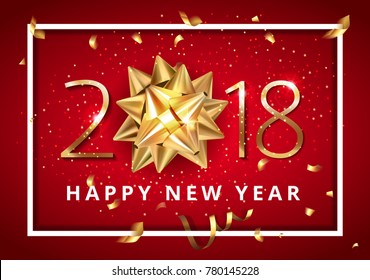 Vector stock premium luxury Christmas 2018 Happy New Year or Chinese celebrate new year red background with beautiful golden gift bow, confetti and Christmas elements