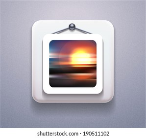 Vector stock Realistic Icon of Gallery, photos, view, photogallery. Plastic button 3d for sign, design element, web site