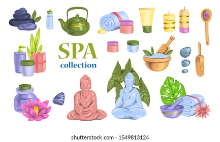 Vector stock realistic set “Spa Collection” with sitting Buddha, tropical leaves, organic cosmetics, bath objects isolated on white. For beauty and spa salons, flyers, banners, wellness centers.