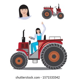 A Vector stock red flat tractor with a young or mature woman driving in a denim overalls from Asia isolated on a white background. A Asian girl tractor driver waving, smiling and greeting.