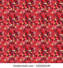 Vector - stock. Red, pink and black on colors. Seamless Beautiful fabric pattern. Doodles cute pattern. Nice background.