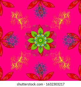 Vector - stock. Seamless background pattern. Flowers with leaves and chamomile with cornflowers on red, magenta and green colors.