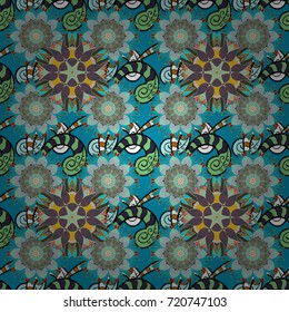 Vector stock. Seamless background pattern. Flowers on blue, green and gray. Watercolor, hand drawn.