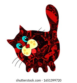 Vector - stock. Seamless Gentle, kitty on black, red and white colors. Modern stylish texture.