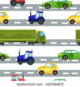Vector stock seamless pattern with cars, trucks, tractor on the road. Cute boy texture for wrapping paper, apparel, wallpaper, linen. Automobiles in cartoon style.