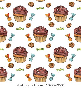 Patrón de material vectorial sin fisuras con quequitos coloridos y dulces sobre fondo blanco