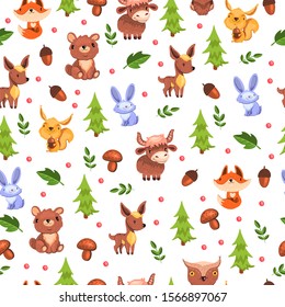Vector stock seamless pattern with cute forest animals, pine trees, mushrooms and acorns. Simple childish texture for apparel, wrapping paper, textile, linen, children products.