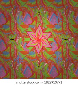 Vector - stock. Seamless pattern with green, orange and pink flowers, watercolor floral pattern, cute flower, tileable for wallpaper, card or fabric.