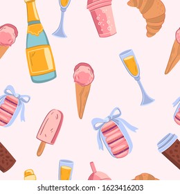 Vector stock seamless pattern with ice cream, macaroons, sparkling wine bottle, glasses, coffee and croissants. Delicious texture in pink color palette for wrapping paper, wallpapers, linen, prints.