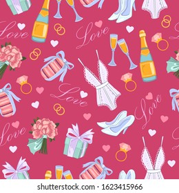 Vector stock seamless pattern with lingerie, heels, rings, hearts, macaroons, sparkling wine, glasses, bride’s bouquet. Wedding texture on maroon background for wrapping paper, wallpapers, prints