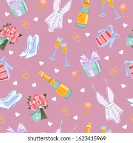 Vector stock seamless pattern with lingerie, heels, rings, macaroons, sparkling wine bottle, glasses, bouquet of roses. Wedding background with hearts for wrapping paper, wallpapers, prints