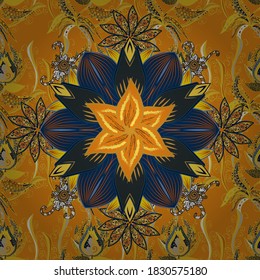 Vector - stock. Seamless pattern with orange, yellow and blue flowers, watercolor floral pattern, cute flower, tileable for wallpaper, card or fabric.