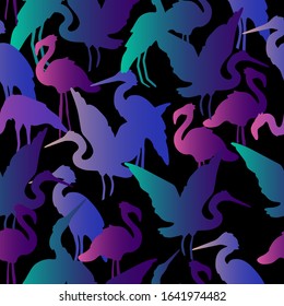 Vector stock seamless pattern with stork and flamingo silhouette on black background. Exotic birds texture for wrapping paper, textile, apparel, prints, posters. 