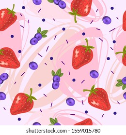 Vector stock seamless pattern with strawberries, blueberries and abstract shapes. Texture with pink and white background for apparel, wrapping paper, textile, banners, menus, etc.