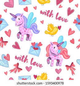 Vector stock seamless pattern with unicorn, Pegasus, birds, hearts, envelopes. Romantic texture in cartoon style. Cute Valentine’s Day background for wrapping paper, apparel, prints.