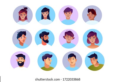 Vector stock set of peoples’ avatars in flat style. Men and women faces in circles isolated on white. Young male and female characters with different hairstyles and ethnicities.