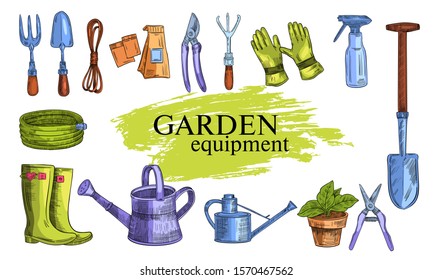 Vector stock set of garden equipment: shovel, watering can, gloves, spray, secateurs, boots, hose, rope, fork. Tools for farming in engraving vintage style. Isolated on white. 