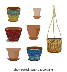 Vector stock set with illustration of seven clay pots. Ethnic handmade colorful ceramic, macrame wicker. T