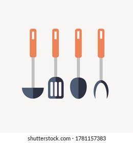 Material vectorial conjunto utensilios de cocina de estilo plano aislados en fondo blanco.Espátula, cuchara, tenedor de carne, cuchara 