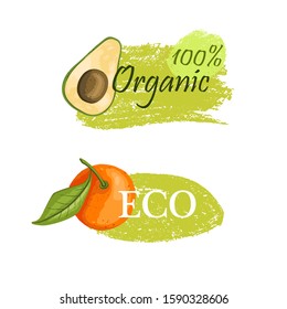 Conjunto vectorial de logotipos orgánicos y ecológicos con aguacate y naranja. Etiquetas de frutas frescas hechas a mano aisladas en blanco para tiendas de productos naturales, mercados y granjas.