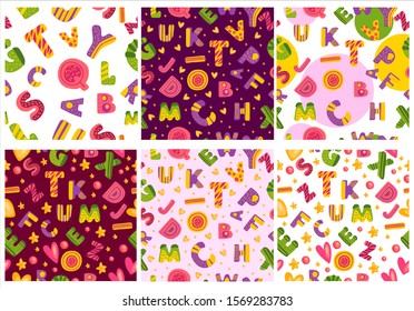 Vector stock set of six alphabet seamless patterns. Colorful textures with decorative letters, hearts and stars. Simple background for apparel, wrapping paper, baby textile, wallpapers, linen. 