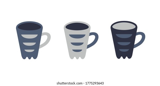 Vector stock set of three mugs in colorful flat style isolated on white background. Modern design 