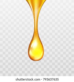 Vector stock supreme collagen gold drop of oil essence isolated on transparent light background. Luxury Premium gold shining serum droplet.
