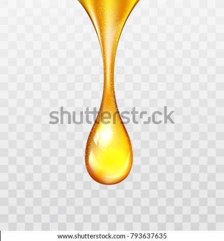 Vector stock supreme collagen gold drop of oil essence isolated on transparent light background. Luxury Premium gold shining serum droplet.