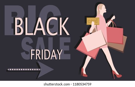 Vector stock template illustration Beautiful woman blondie in pink carries a lot of bags and purchases shopping on black friday, the big sale modern and fashionable vector banner with black background